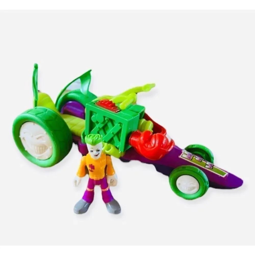 2010 Fisher Price DC Comics Batman Hero World Joker Funny Dragster Car + Figure